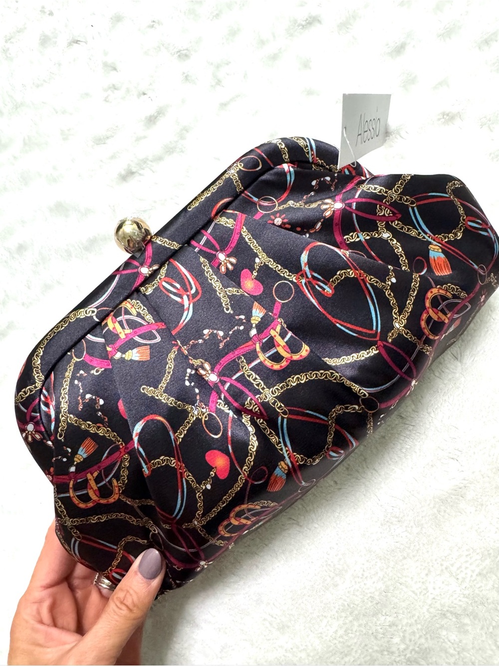 NWT- Alessia Bianchi equestrian chain print satin clutch purse - Picture 4 of 16
